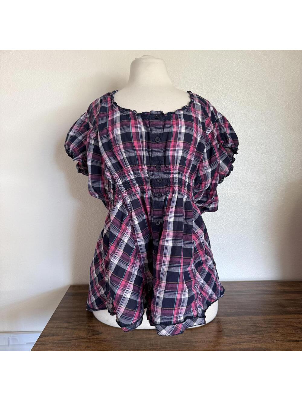 Torrid Women's Pink and Black Plaid Blouse Size 4